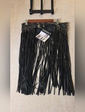 Long Faux Leather Black Studded Fringe Belt Western Boho Festival Punk OS NWT